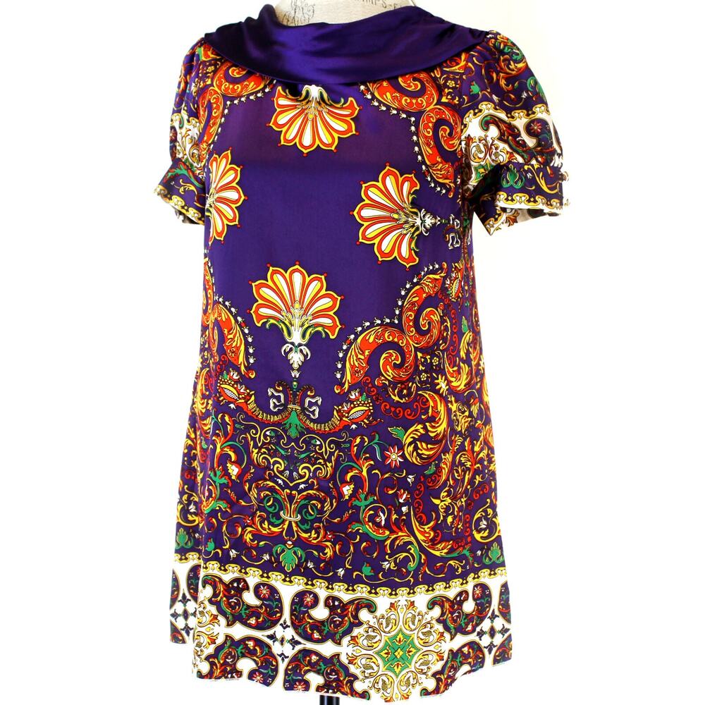 TAKA By Takawear 100% Silk Purple Vintage 60’s style Paisley Dress Tunic Small